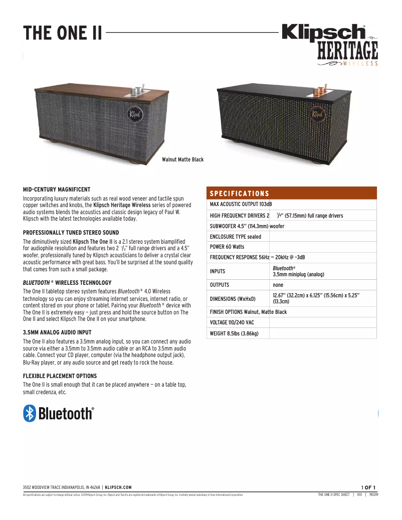 Page 1 de la notice Fiche technique Klipsch The One II