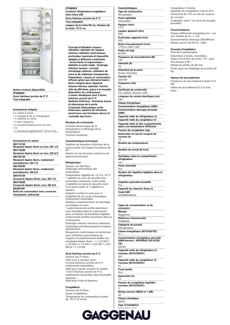 Page 1 de la notice Fiche technique Gaggenau RT289203
