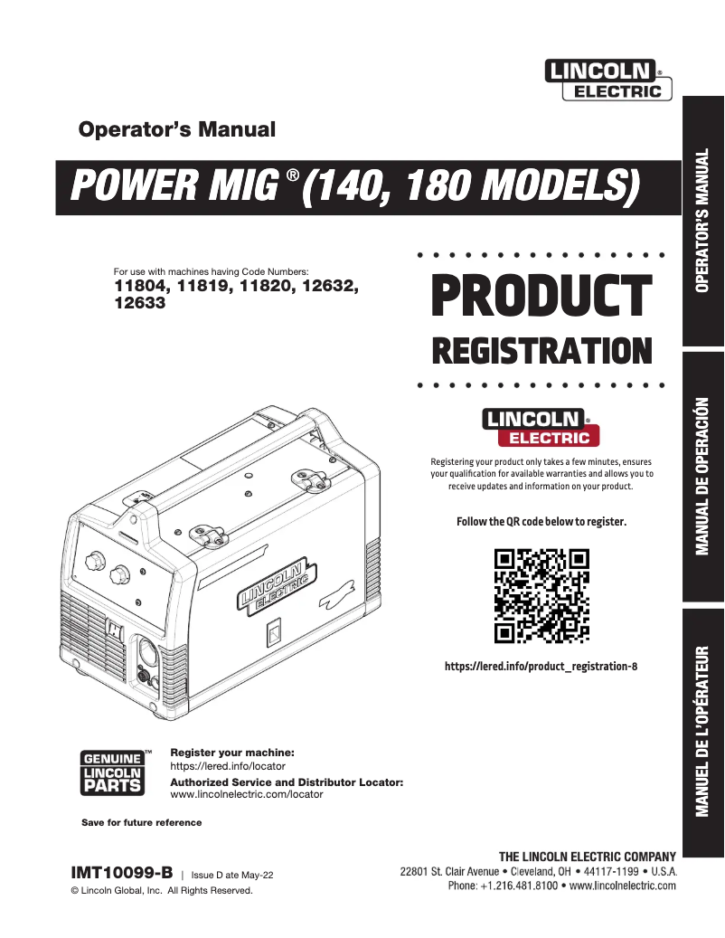 Page 1 de la notice Manuel utilisateur Lincoln Electric POWER MIG 140/180