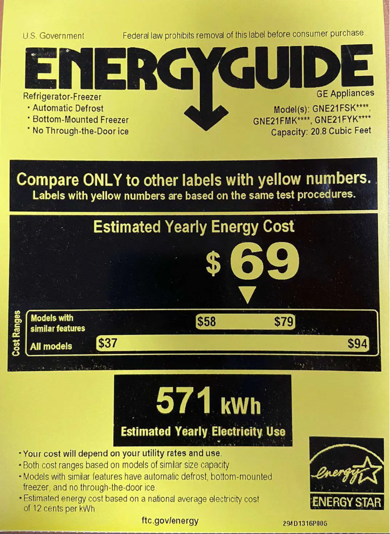 Page 1 de la notice Label énergétique GE GNE21FMKES