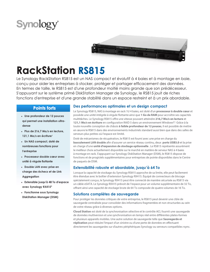 Page 1 de la notice Fiche technique Synology RackStation RS815+