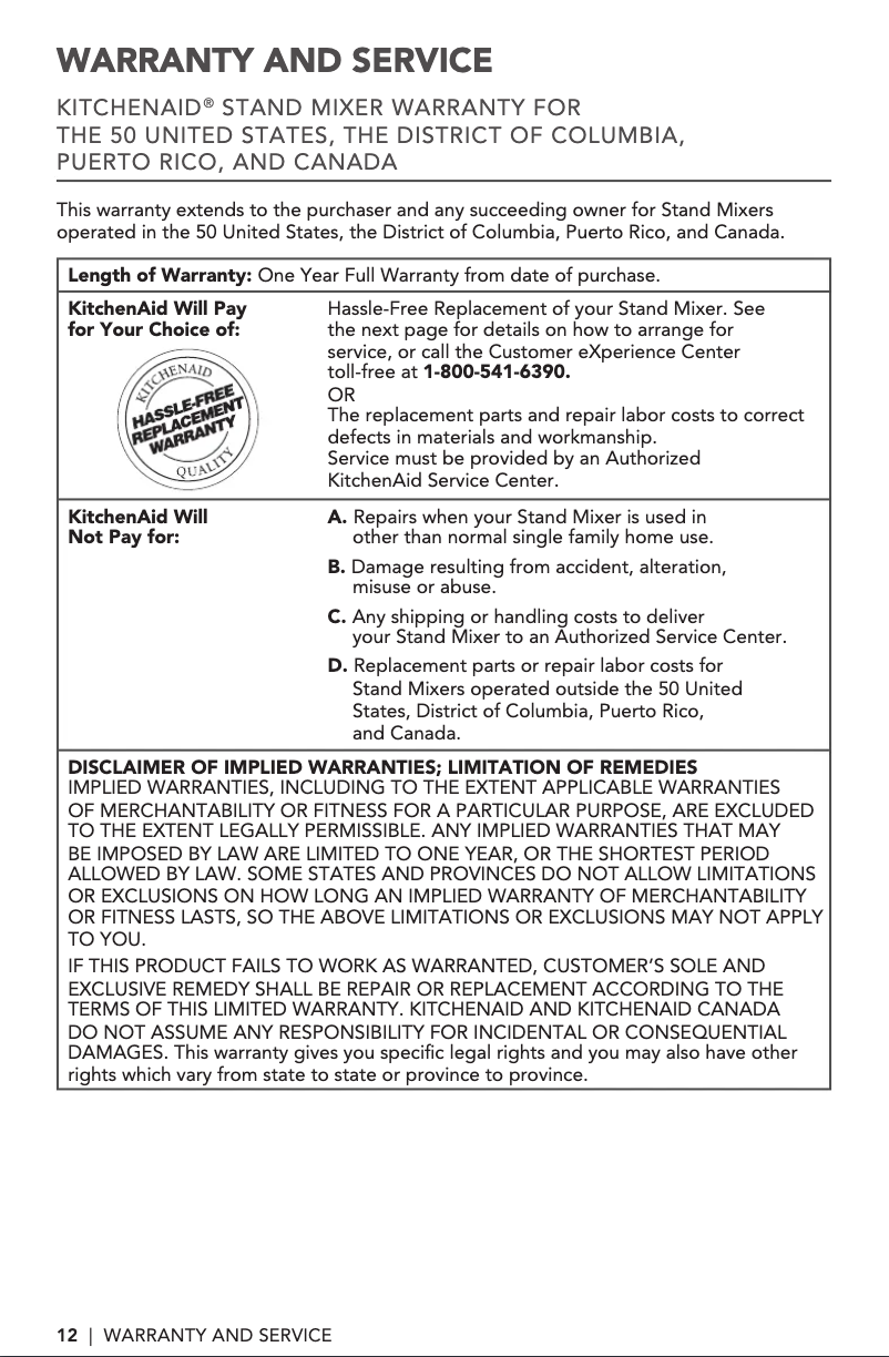 Page 1 de la notice Informations de garantie KitchenAid KF26M1QPB