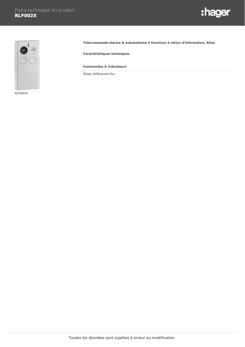 Page 1 de la notice Fiche technique Hager RLF002X