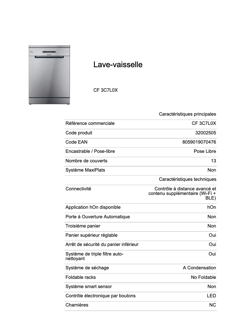 Page 1 de la notice Fiche technique Candy Rapido' CF 3C7L0X