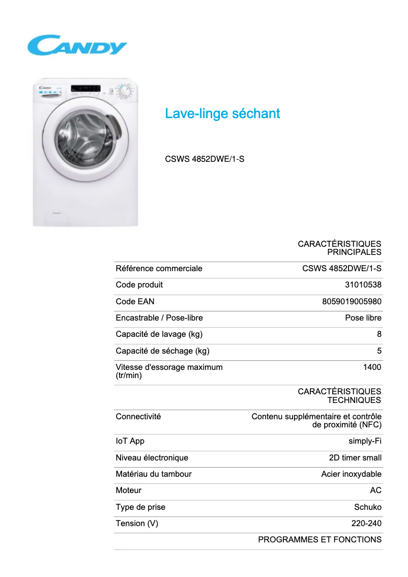 Page 1 de la notice Fiche technique Candy CSWS 4852DWE/1-S