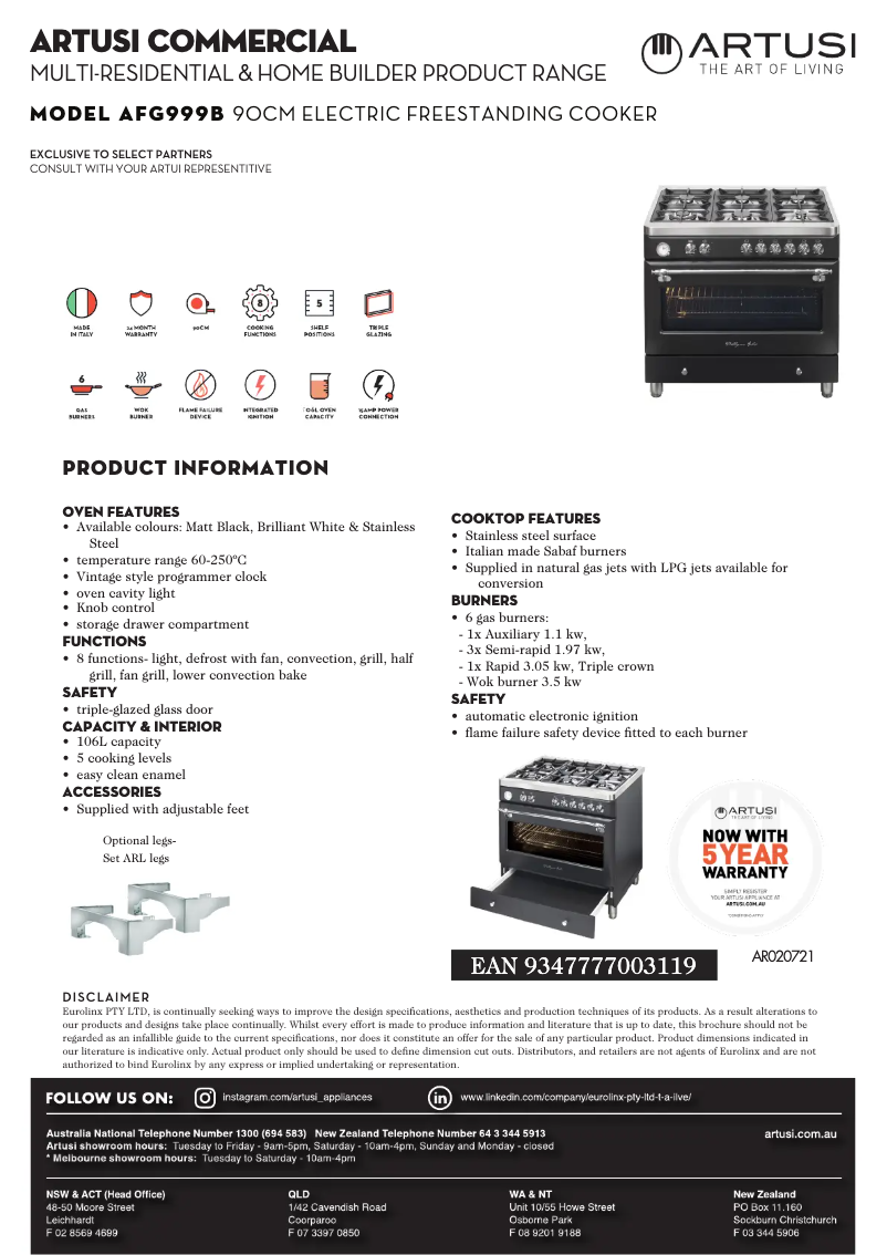 Page n°1 - Fiche technique Artusi AFG999B