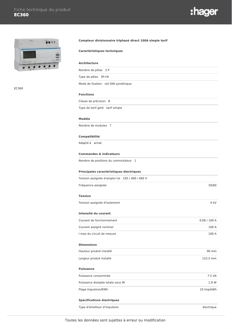 Page 1 de la notice Fiche technique Hager EC360