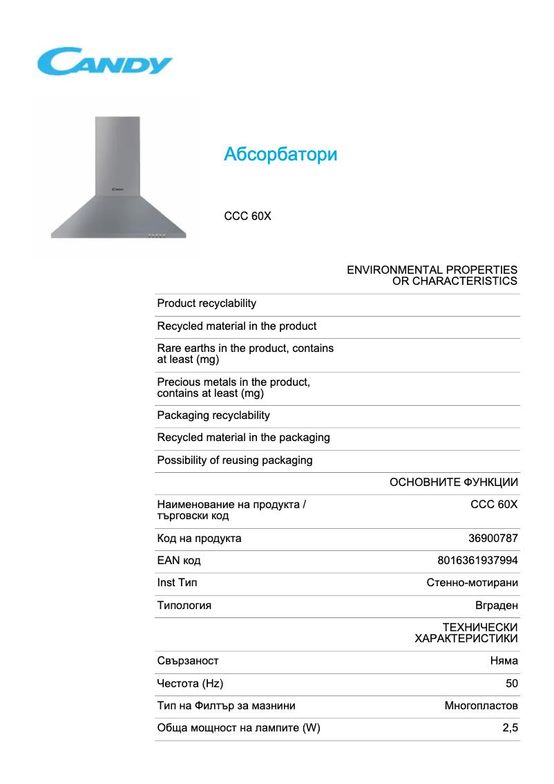 Page n°1 - Fiche technique Candy CCC 60X