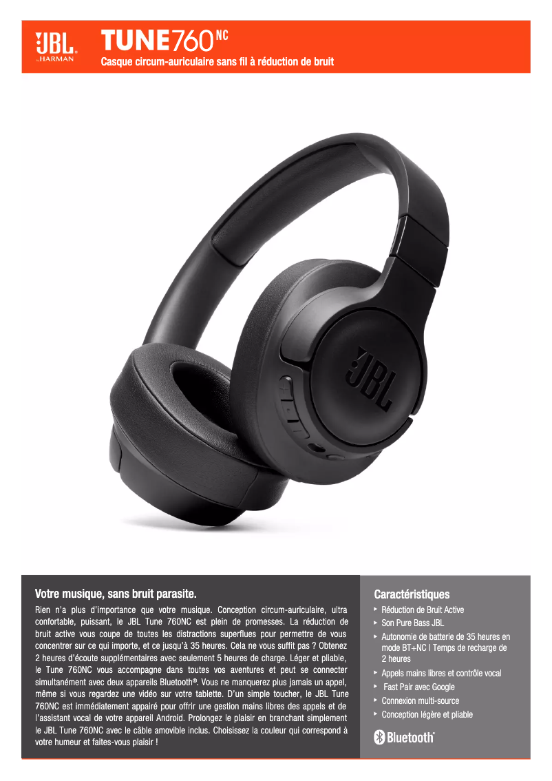 Page 1 de la notice Fiche technique JBL Tune 760NC