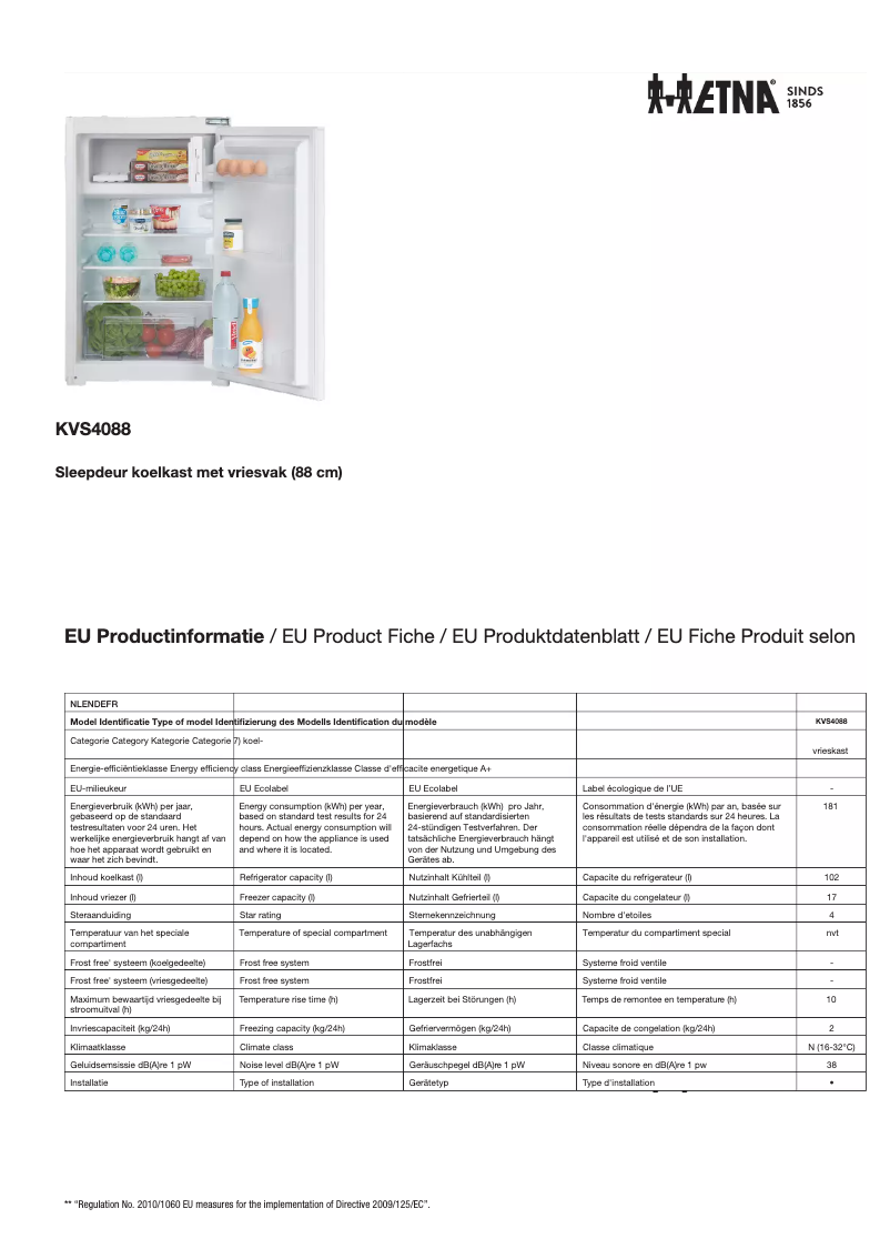 Page 1 de la notice Fiche technique Etna KVS4088