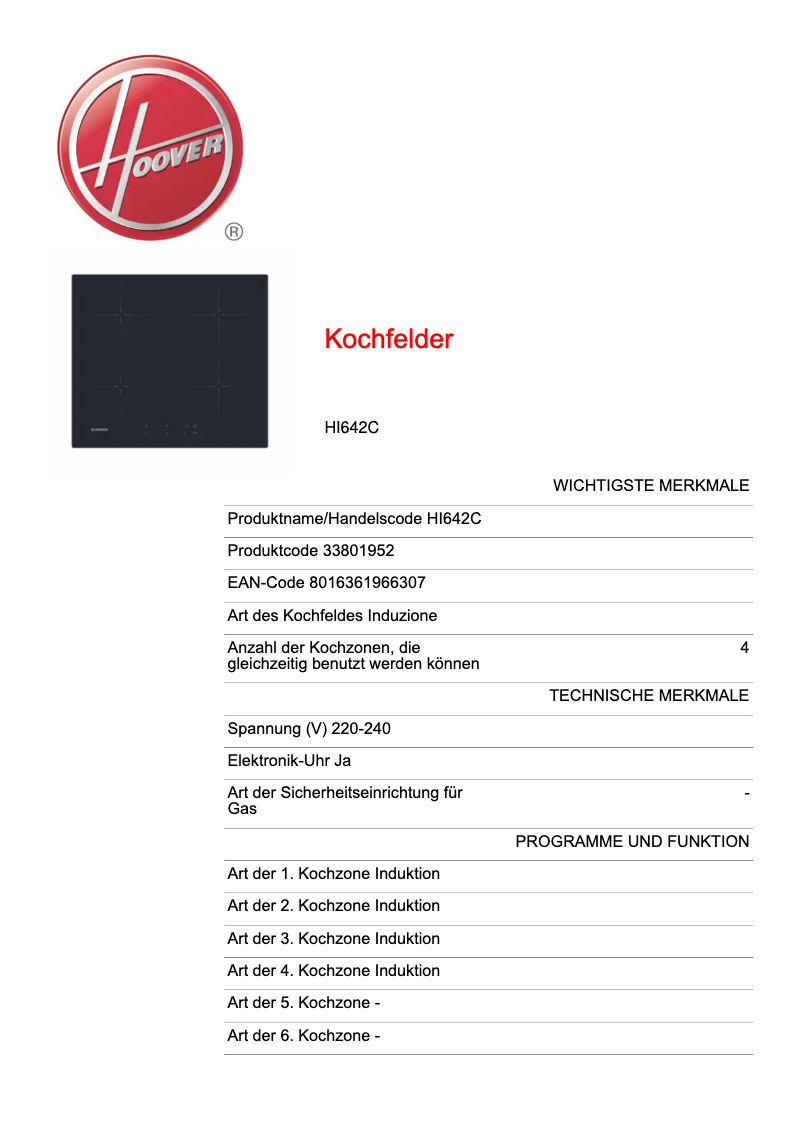 Page 1 de la notice Fiche technique Hoover HI642C