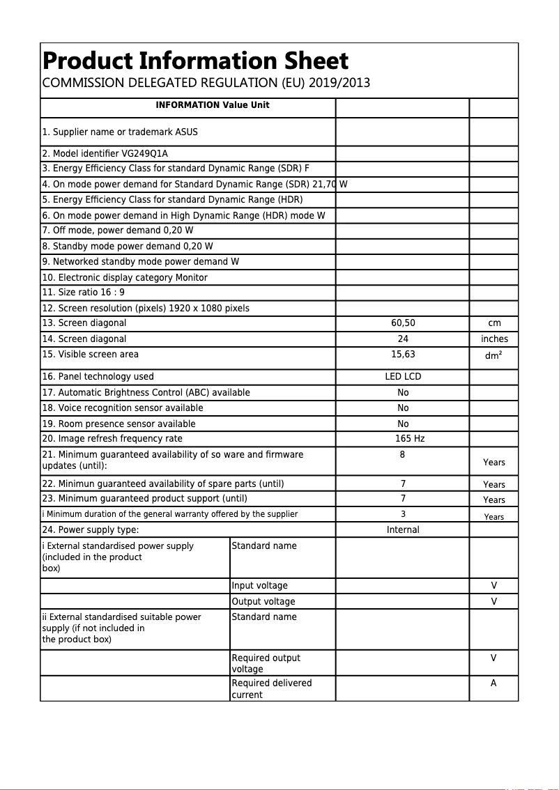 Page 1 de la notice Fiche technique Asus TUF Gaming VG249Q1A