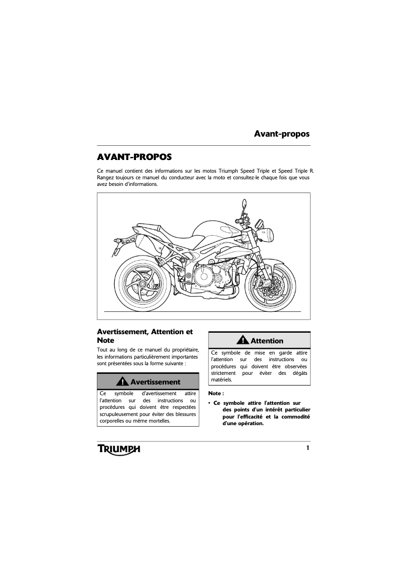Page 1 de la notice Manuel utilisateur Triumph Speed Triple SE (2013)