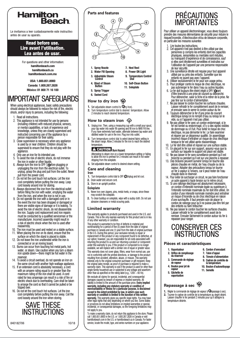 Page n°1 - Manuel d'utilisation et d'entretien Hamilton Beach Steam Elite 14010