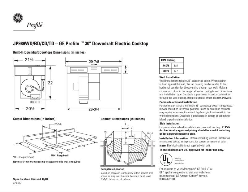 Page n°1 - Fiche technique GE Profile JP989BDBB
