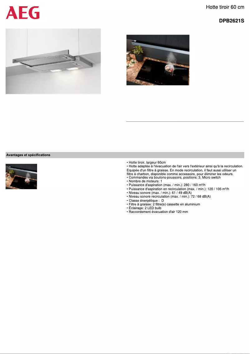 Page 1 de la notice Fiche technique AEG DPB2621S