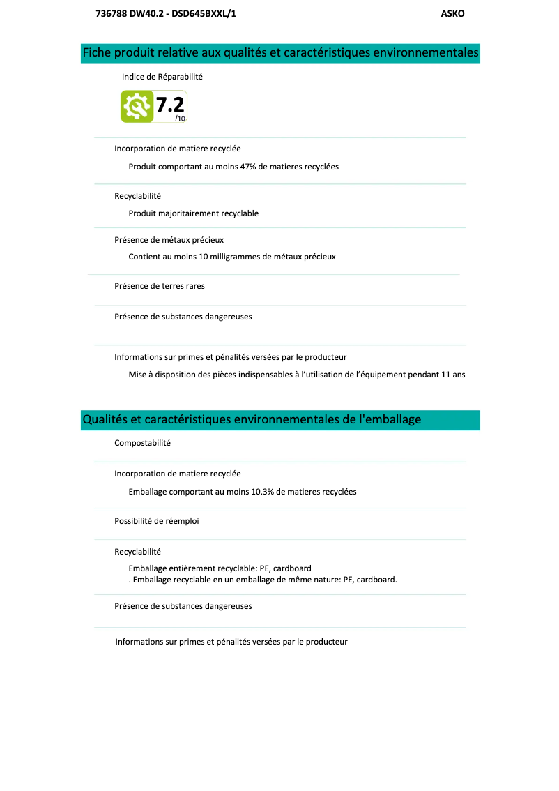 Page n°1 - Fiche technique Asko 645BXXL