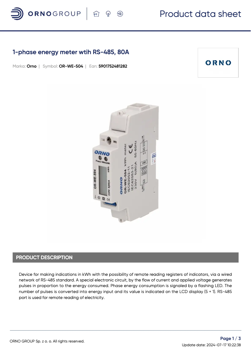 Page 1 de la notice Fiche technique ORNO OR-WE-504