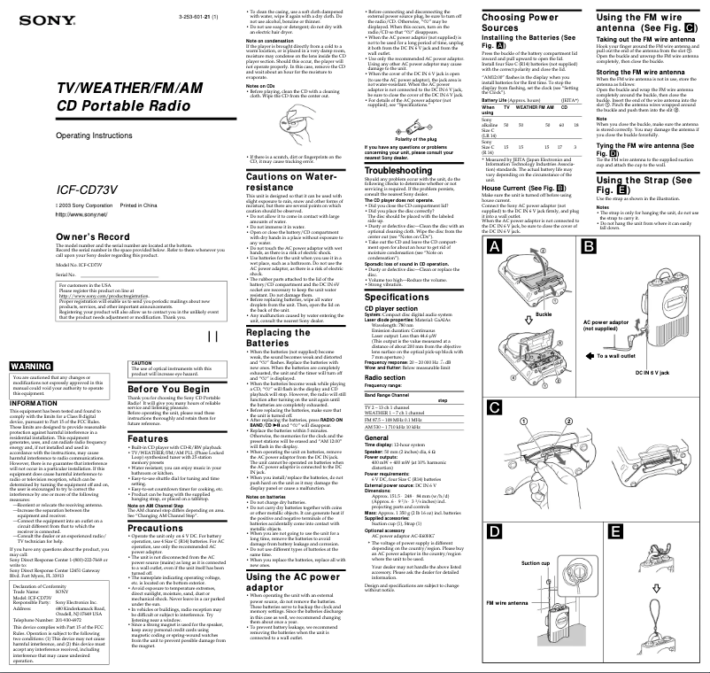 Page 1 de la notice Manuel utilisateur Sony ICF-CD73V