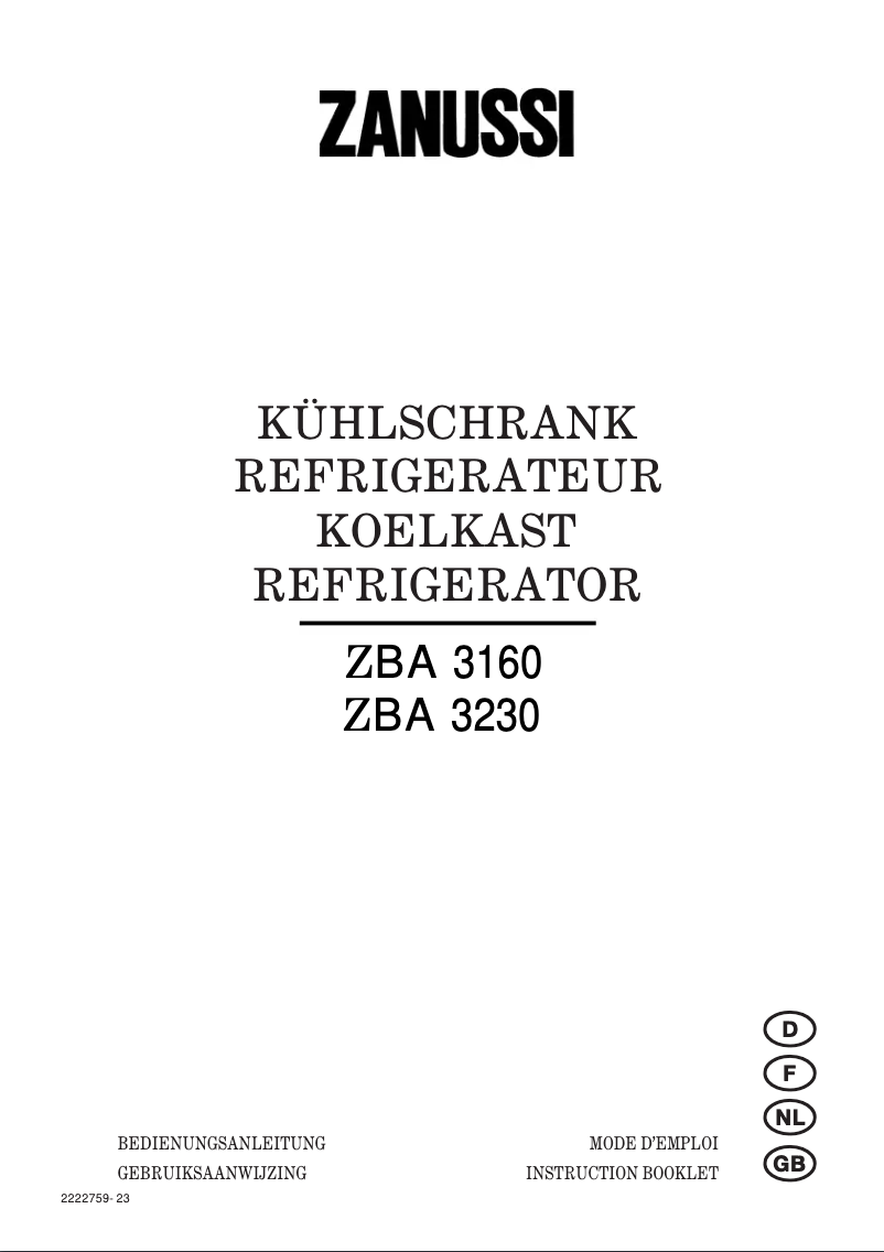 Page n°1 - Manuel utilisateur Zanussi ZBA3160