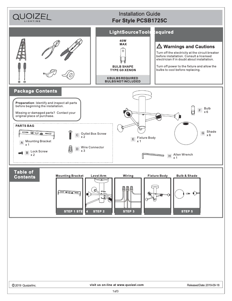 Page 1 de la notice Manuel utilisateur Quoizel PCSB1725C