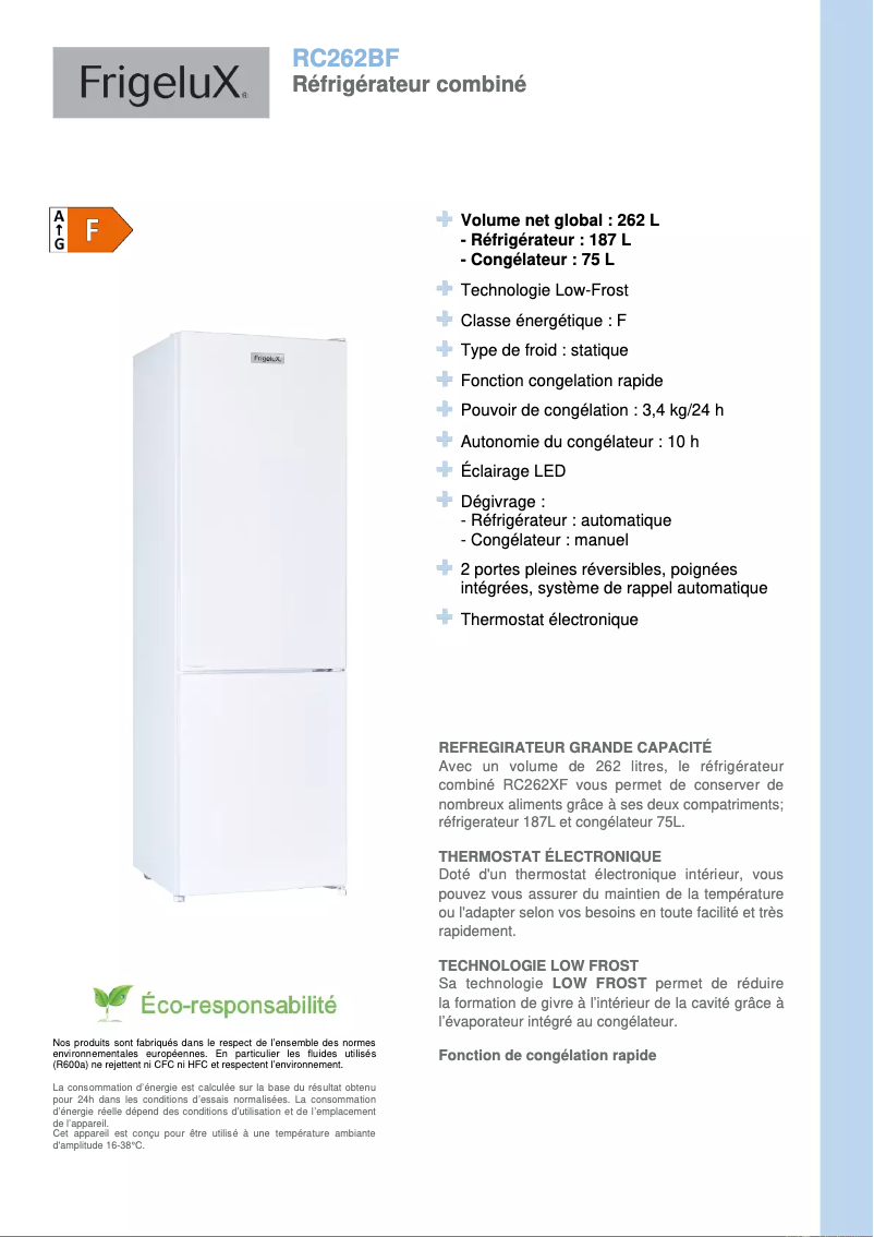 Página 1 del manual Ficha técnica FrigeluX RC262BF
