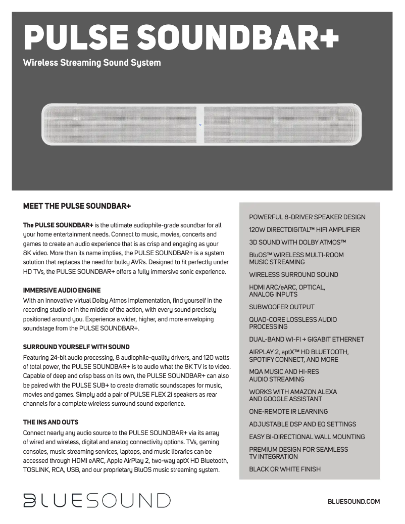 Page 1 de la notice Fiche technique Bluesound Pulse Soundbar