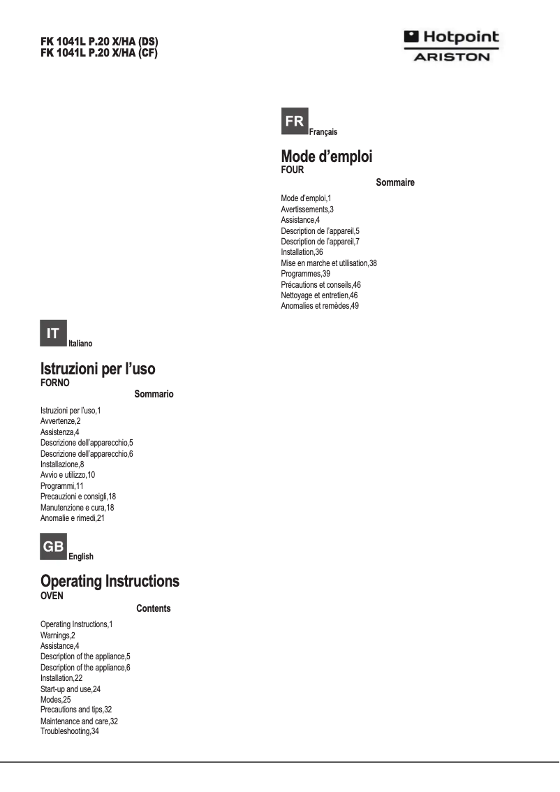 Page 1 de la notice Manuel utilisateur Hotpoint Ariston FK1041LP.20 X/HA(CF)
