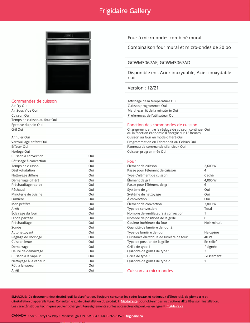 Page 1 de la notice Fiche technique Frigidaire GCWM3067AD