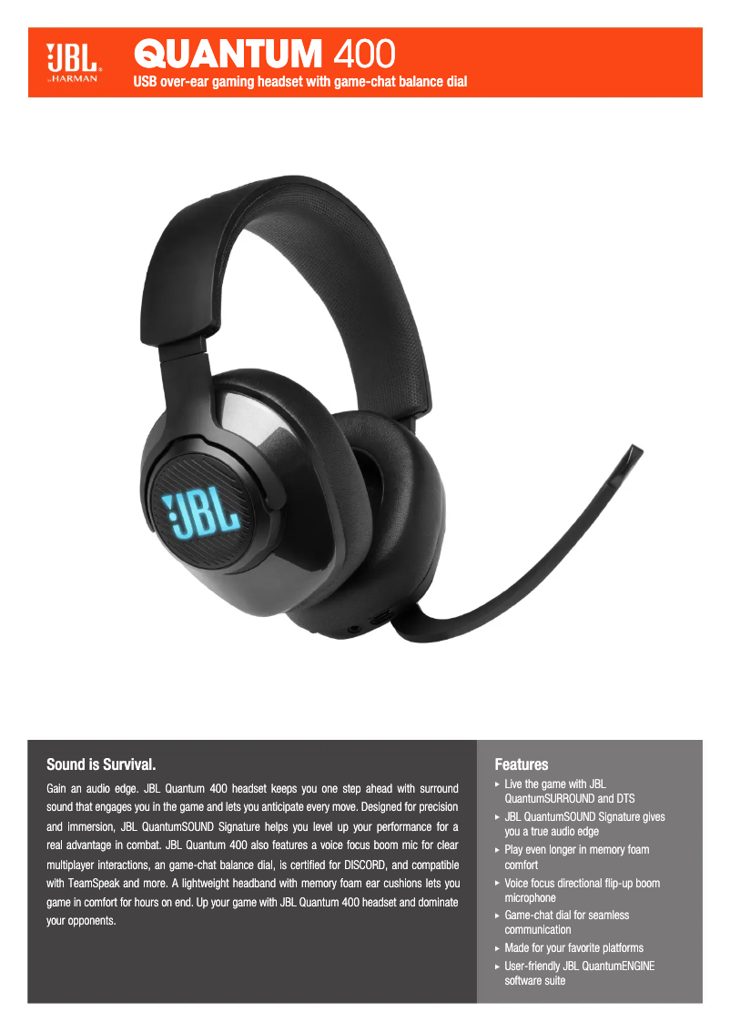 Page 1 de la notice Fiche technique JBL Quantum 400