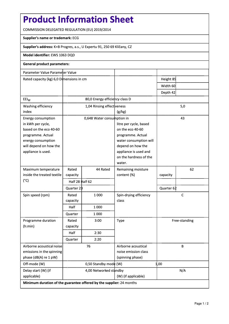 Page n°1 - Fiche technique ECG EWS 1063 DQD