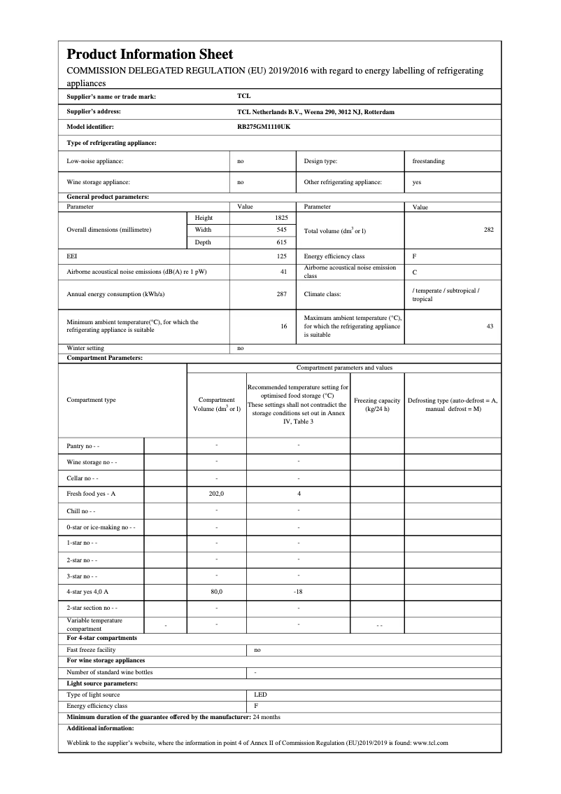 Page 1 de la notice Fiche technique TCL RB275GM1110UK