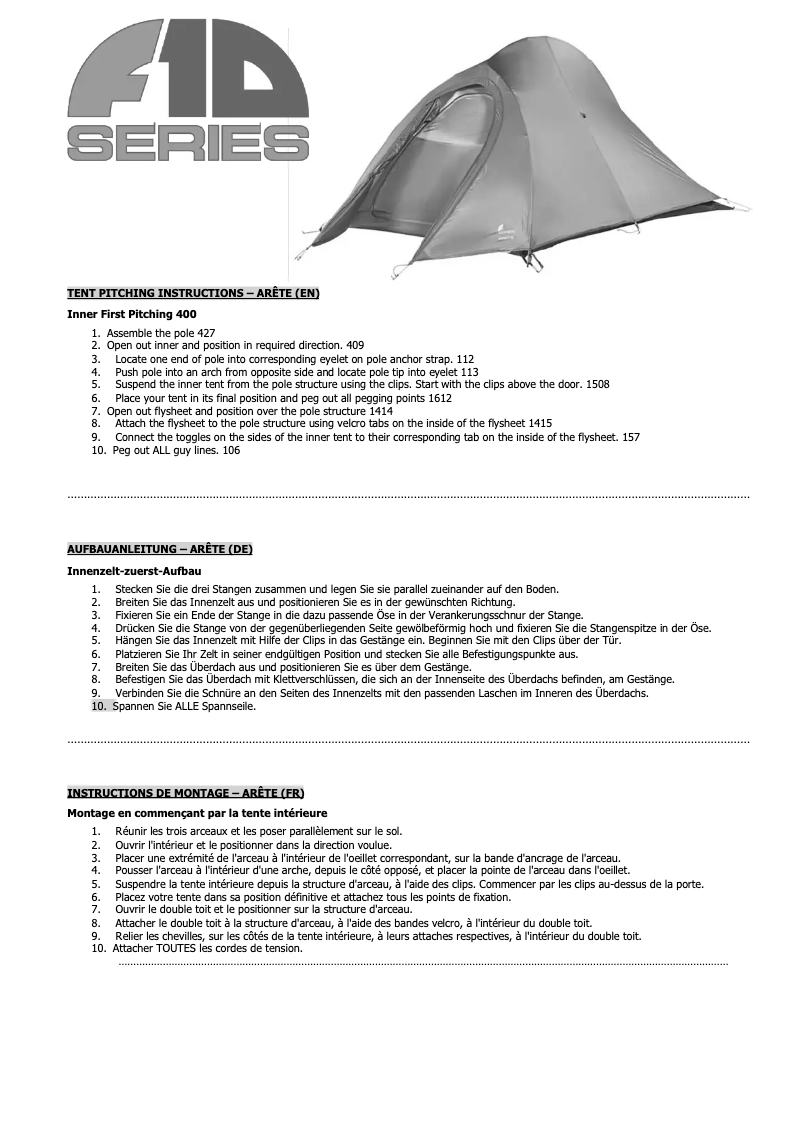 Page 1 de la notice Manuel utilisateur Vango F10 Arete 2