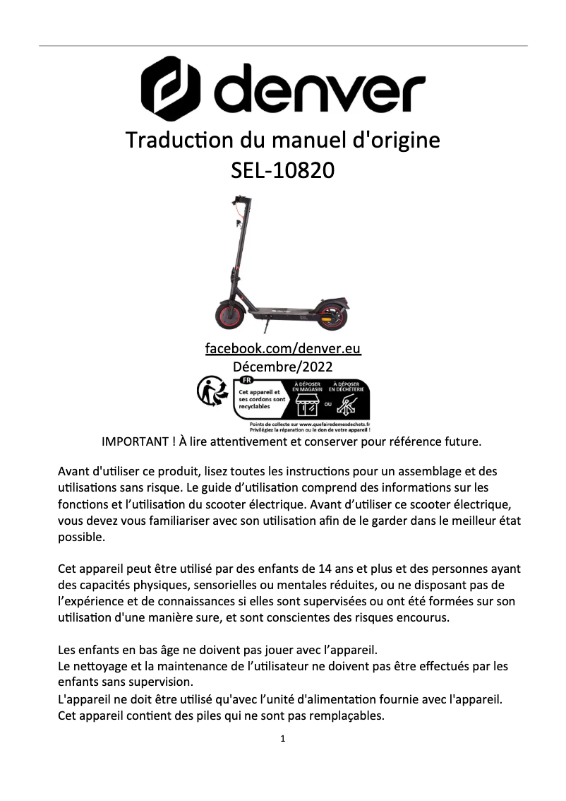 Page n°1 - Manuel utilisateur Denver SEL-10820