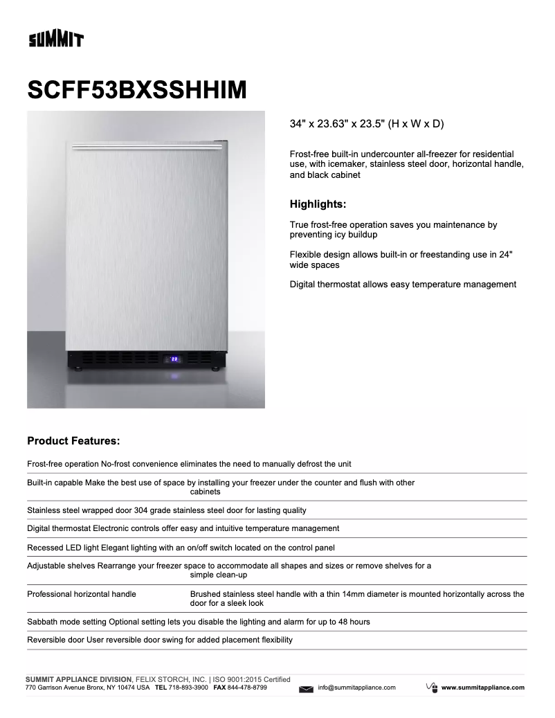 Página 1 del manual Ficha técnica Summit SCFF53BXSSHHIM