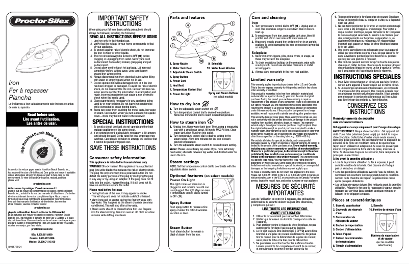 Page n°1 - Manuel utilisateur Proctor Silex 17292Y