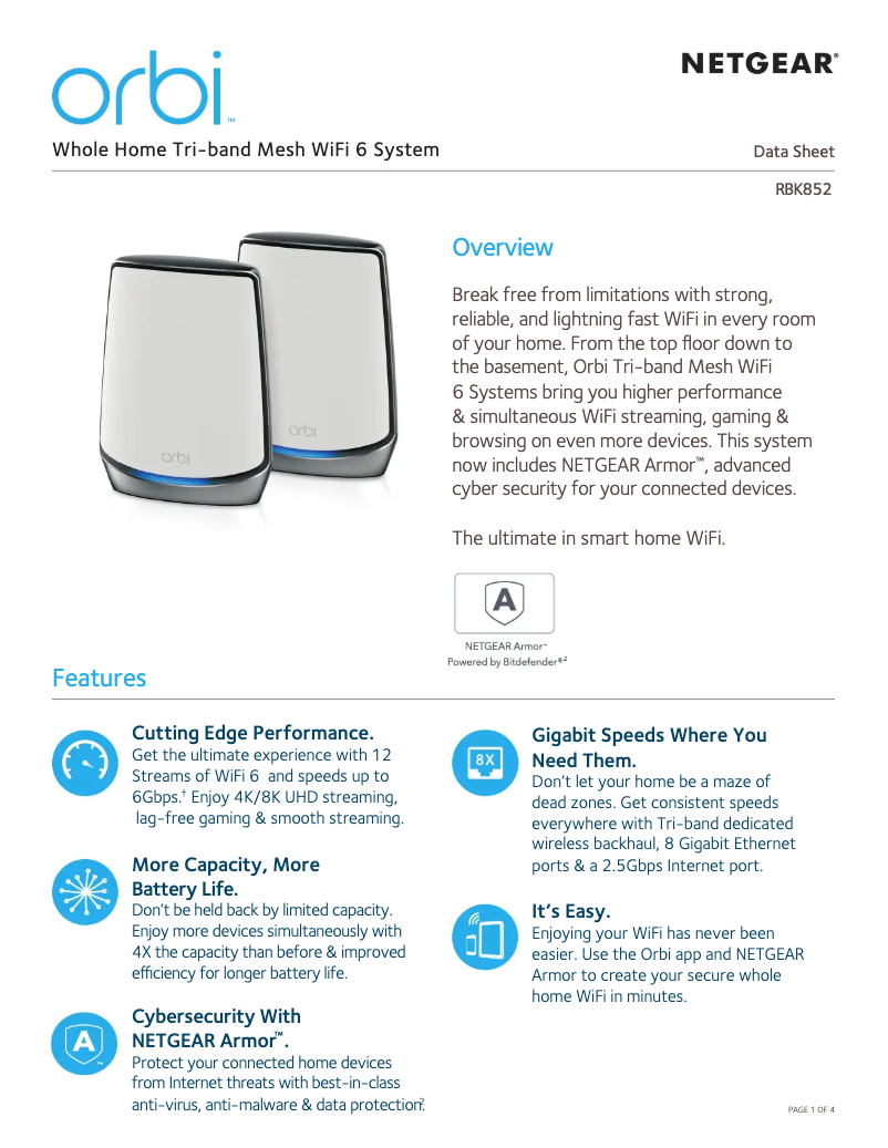 Page 1 de la notice Fiche technique Netgear Orbi RBK853