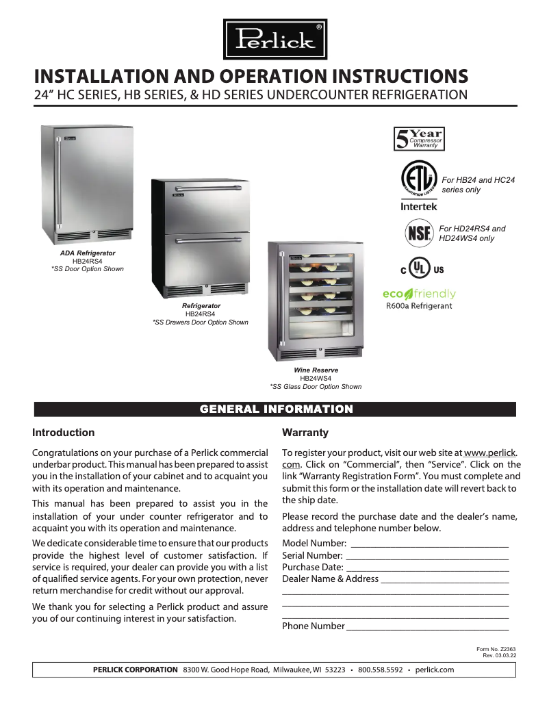 Page 1 de la notice Guide d'installation Perlick HC24RB-4-6