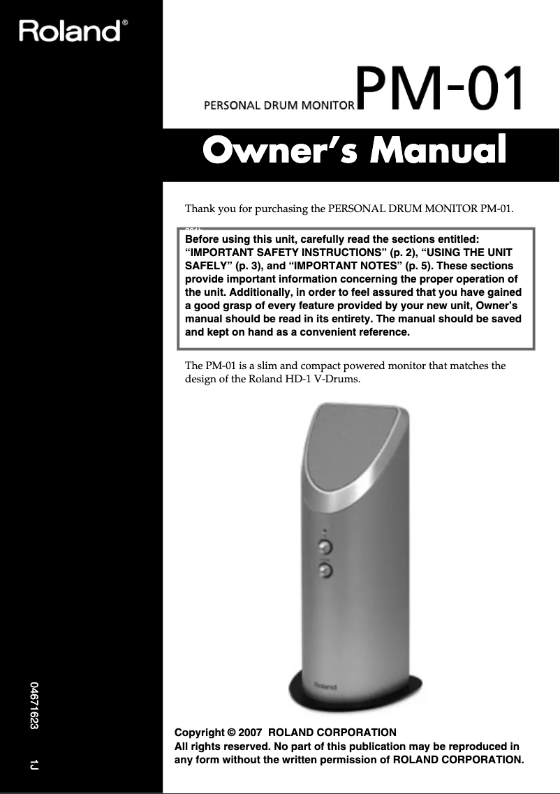Page 1 de la notice Manuel utilisateur Roland PM-01
