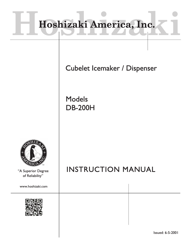 Page 1 de la notice Manuel utilisateur Hoshizaki DB-200H