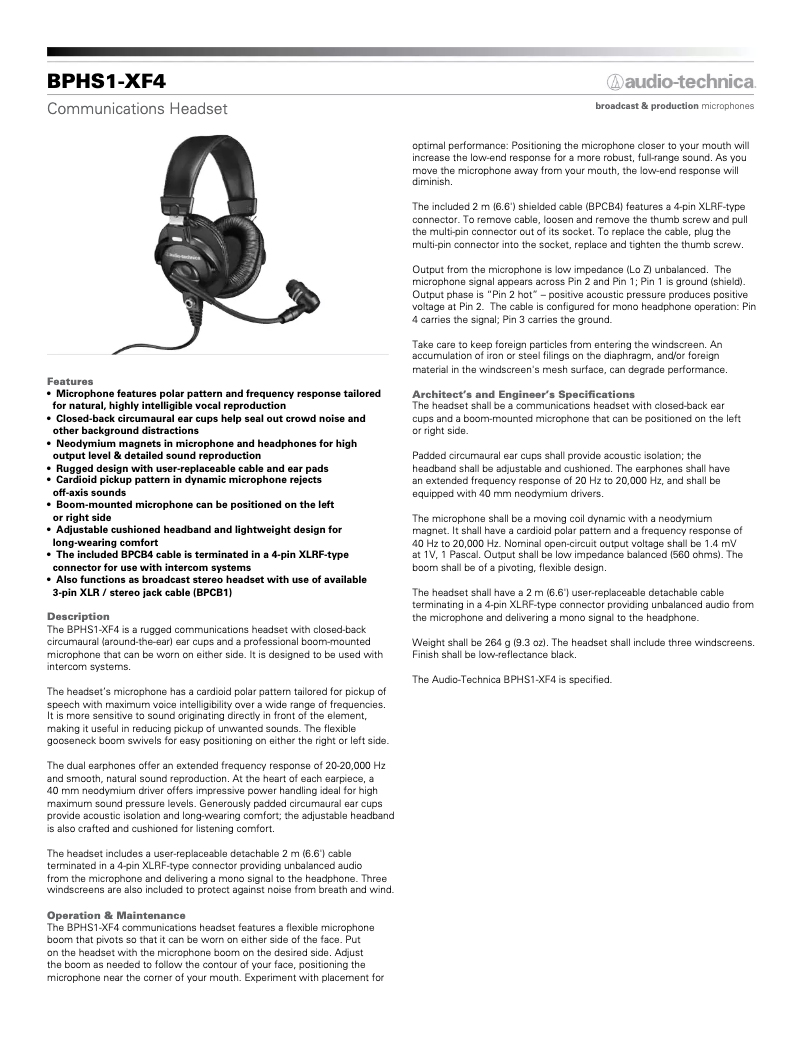 Page 1 de la notice Manuel utilisateur Audio-Technica BPHS1-XF4