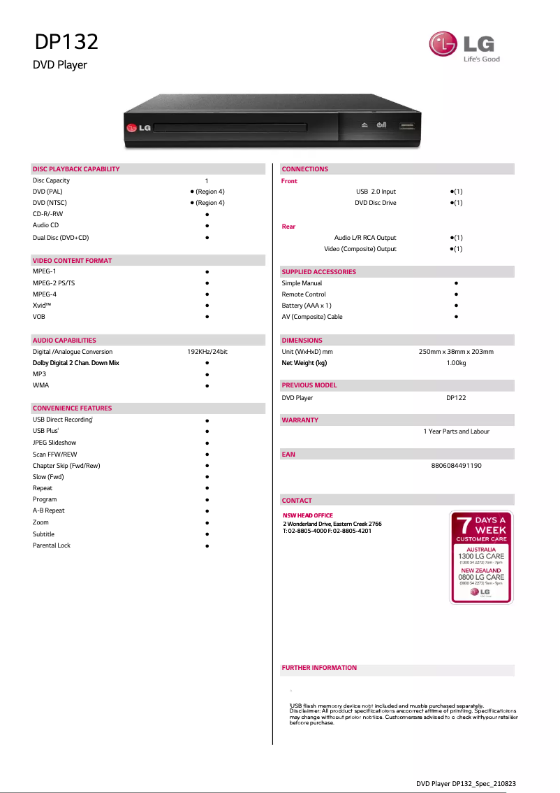 Page 1 de la notice Fiche technique LG DP132