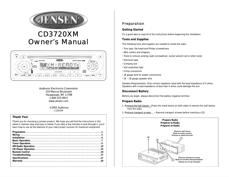 Page n°1 - Manuel utilisateur Jensen CD3720XM