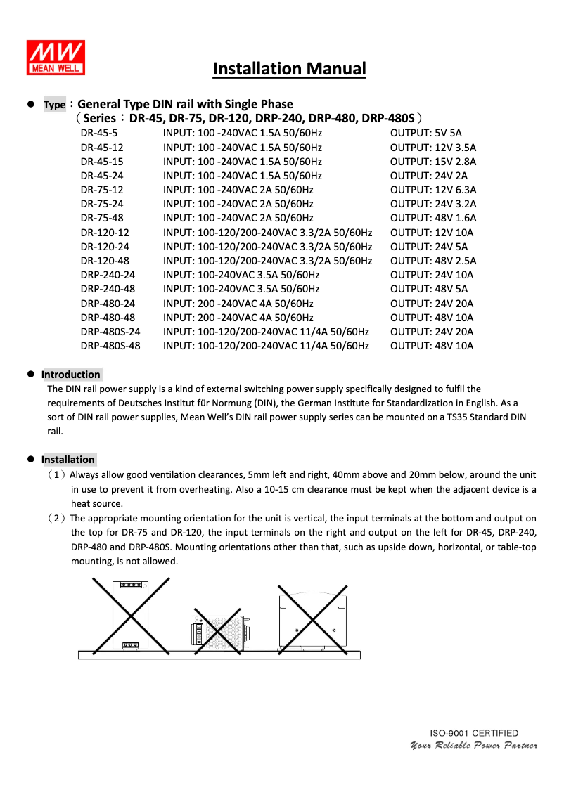 Page 1 de la notice Manuel utilisateur Mean Well HDR-15