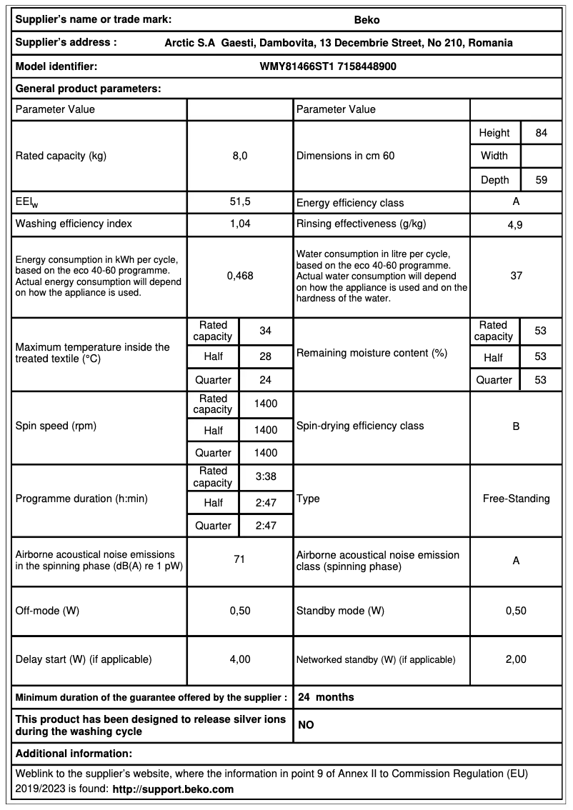 Page 1 de la notice Fiche technique Beko WMY81466ST1