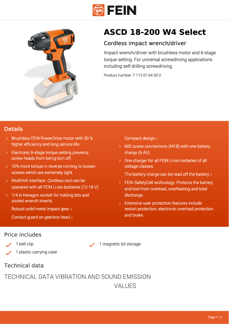 Página 1 del manual Ficha técnica Fein ASCD 18-200 W4 Select