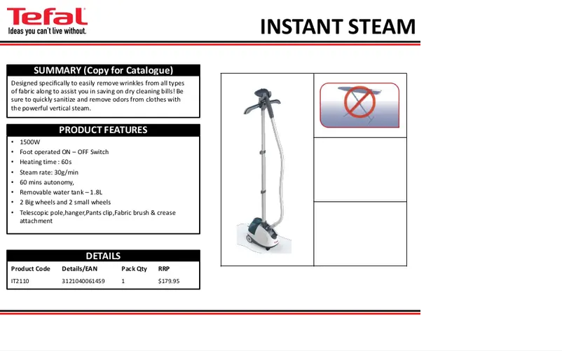 Page 1 of the manual Technical Sheet Tefal Instant Steam IT2110