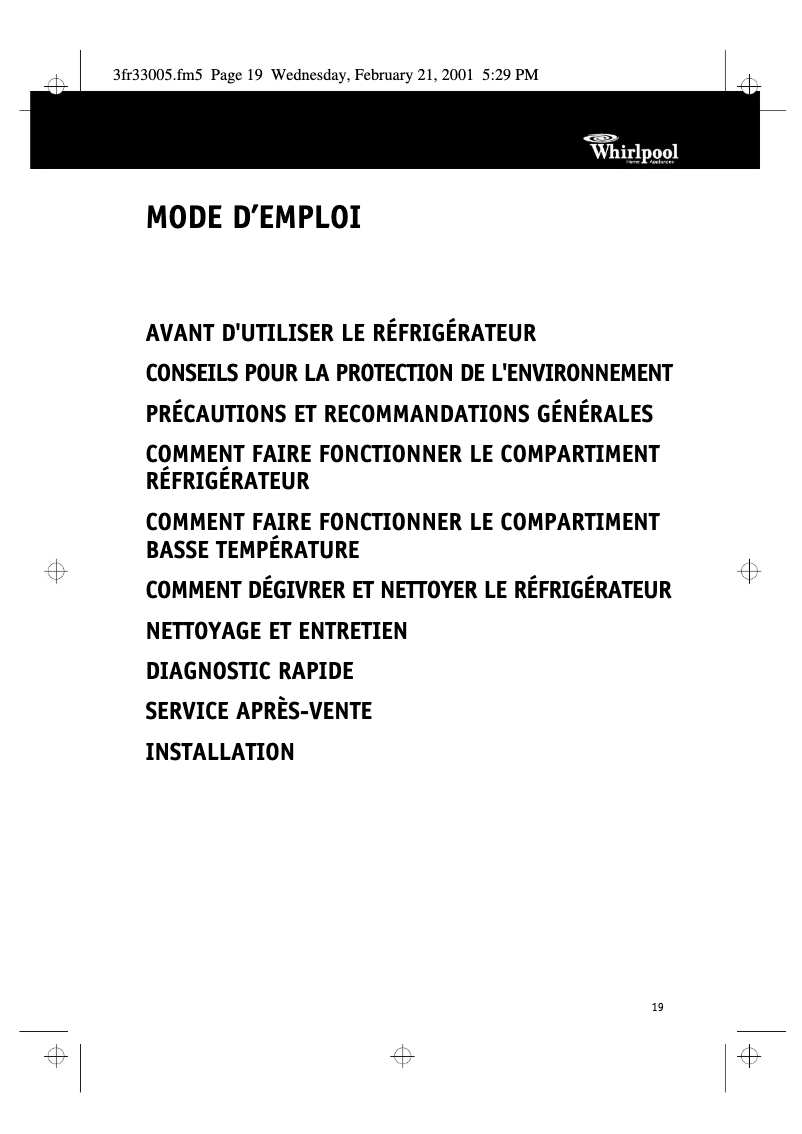 Page 1 de la notice Manuel utilisateur Whirlpool ART 222/G/AL