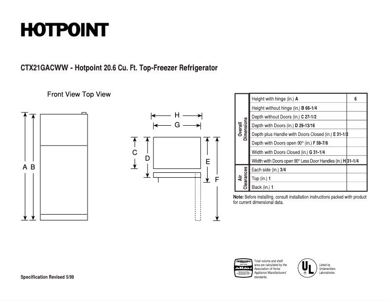 Page n°1 - Fiche technique Hotpoint CTX21GACWW