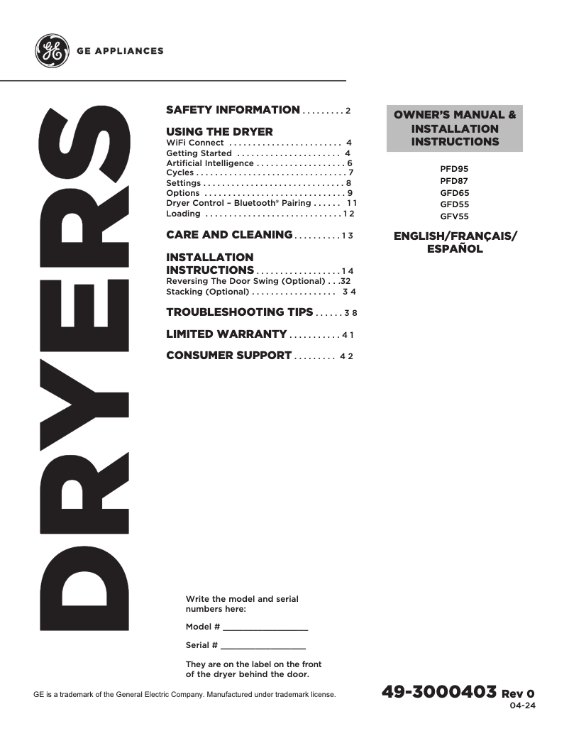 Image de la première page du manuel de l'appareil PFD95GSPWGN